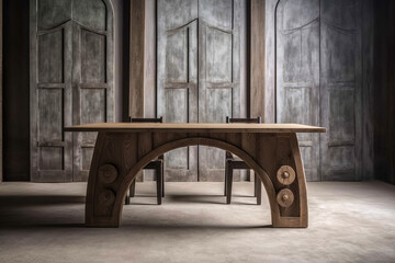 Fototapeta na wymiar Oak table with four legs, in a minimalistic composition. Minimalist interior decoration concept. Generative AI