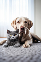 British cat and labrador dog together on the floor indoors.