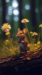 tiny little mouse eating flowers in the woods Generative Ai