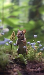 tiny little mouse eating flowers in the woods Generative Ai