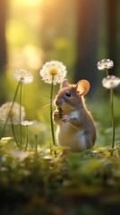 tiny little mouse eating flowers in the woods Generative Ai
