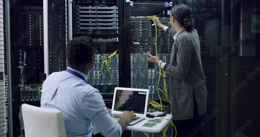 Poster teamwork, cable and server room, woman and man with tablet, laptop and network administration. tech 