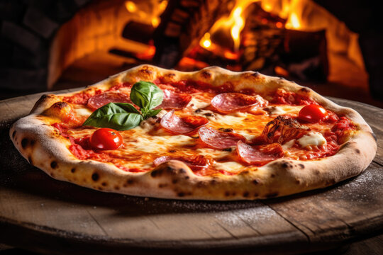 Italian pizza in front of stone oven created with Generative AI technology
