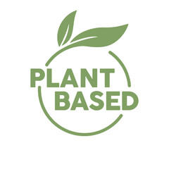 Plant based logo. Circular shape base with plant leaf. Vegan and vegetarian friendly badge.