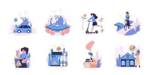 ecology friendly people care about environmental sustainability set flat illustration