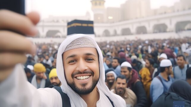 Muslim man taking photo with phone camera showing view of kaaba in Mecca and bustling Muslim people, Generative AI