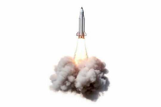 Taking off rocket on white background made with Generative AI technology