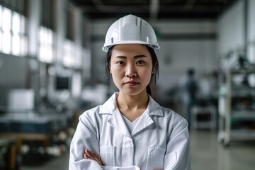 woman female industry portrait industrial work occupation job factory worker business engineer professional young manufacturing safety created using generative ai technology