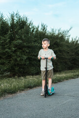 Fototapeta premium a boy in a light T-shirt rides a scooter along a path on a path covered with asphalt. children's portrait