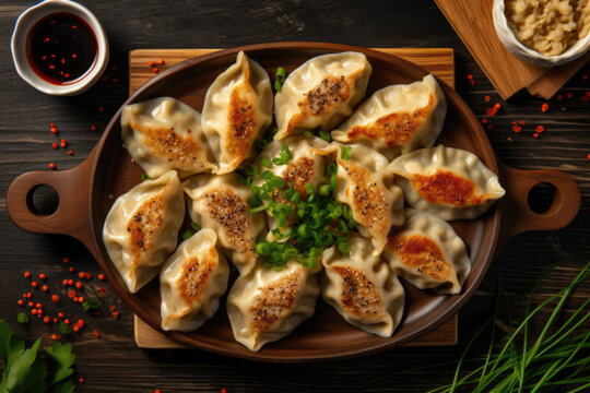 top view Japanese style dumplings created with Generative AI technology