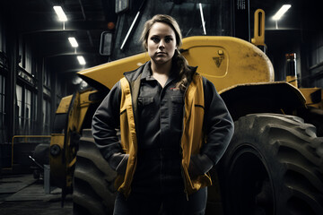 A strong woman in uniform on the background of a tractor. Generated AI Generative AI