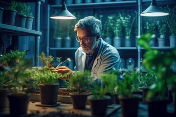Naklejka na ściany i meble Agronomist biologist man growing green plants in laboratory made with Generative AI technology