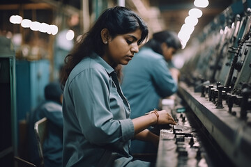 Indian woman with long hair at work. Generated AI Generative AI