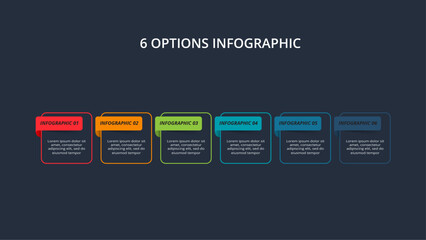 Obraz premium Line concept for infographic with 6 steps, options, parts or processes. Template for web on a black background.