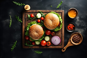 Obraz na płótnie Canvas top view of hamburger set created with Generative AI technology