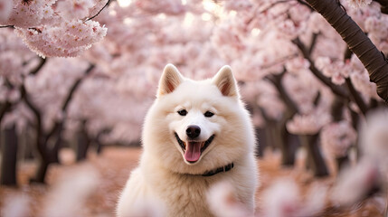 Obraz premium happy dog in Sakura garden created with Generative AI technology