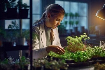 Agronomist biologist woman growing green plants in laboratory made with Generative AI technology - obrazy, fototapety, plakaty