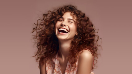 Close up   portrait of beautiful   laughing  woman with wavy  hairs.  Posing over    beige    background.  Perfect skin.  Generative Ai