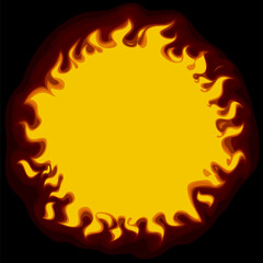 Round yellow sun frame with flames on a black background. Vector illustration