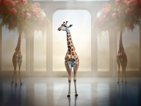 Giraffe in elegant high ceiling dance room. Elegant wild animal enjoying her dance performance. Generative AI.