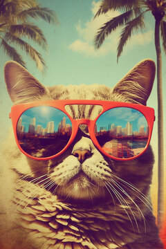 Fototapeta cat with sunglasses and palms, surreal abstract collage with a vintage style, 60s retro style. Generative AI
