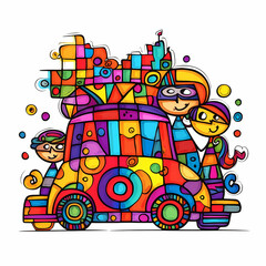 Obraz na płótnie Canvas Drawing Happy Family Car