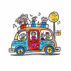 Drawing Happy Family Car