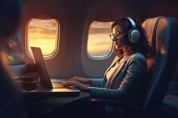 Businesswoman working on laptop while flying on airplane made with Generative AI technology