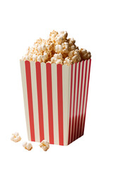 A striped white and red box with popcorn on a transparent background, Generative AI