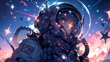 Hand-painted beautiful and cute anime space exploration spaceman illustration in the universe
