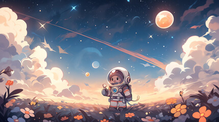 Naklejka premium Hand-painted beautiful and cute anime space exploration spaceman illustration in the universe 