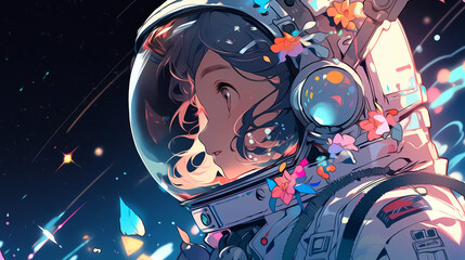 Fototapeta na wymiar Hand-painted beautiful and cute anime space exploration spaceman illustration in the universe 