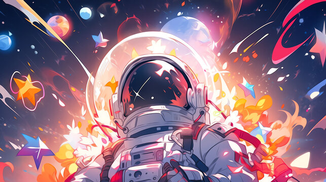 Hand-painted beautiful and cute anime space exploration spaceman illustration in the universe
