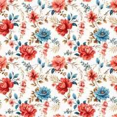 Fototapeta na wymiar Seamless vintage pattern with colorful flowers on white background. Generative AI.