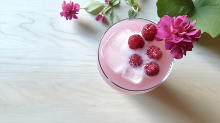 Розовый освежающий коктейль с малиной и льдом