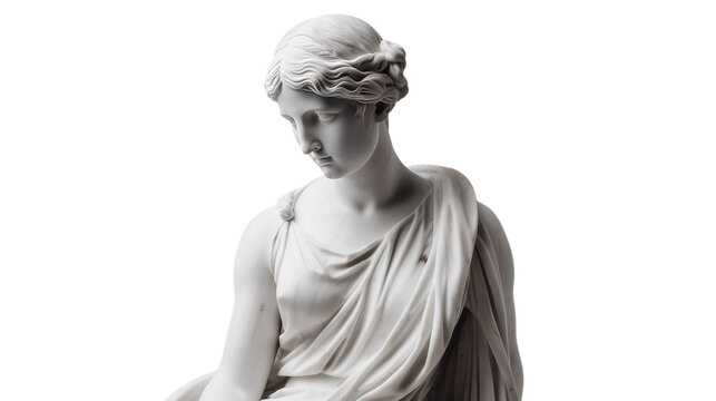 A statue of a woman looking down in a sad way as a marble statue on a transparent background, Generative AI 