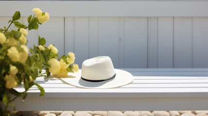 Summer straw hat on wooden planks 