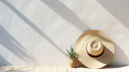 Летняя соломенная шляпа на фоне стены песочного цвета, лето, минимализм