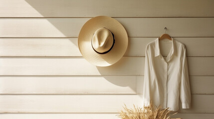 Летняя соломенная шляпа висит на стене из деревянных досок