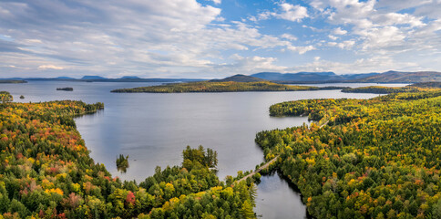 Autumn panorama at Moosehead Lake - Maine - Train tracks along the lakeshore