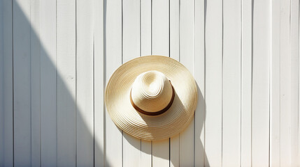 Summer straw hat on wooden planks 