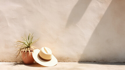 Летняя соломенная шляпа на фоне стены