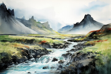 Fototapeta na wymiar Iceland landscape watercolor created with Generative AI technology