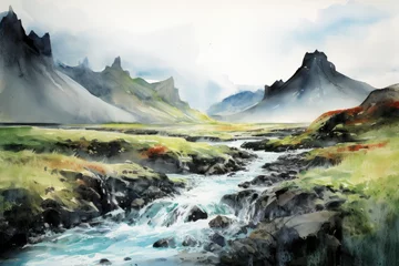 Keuken spatwand met foto Iceland landscape watercolor created with Generative AI technology © Poprock3d