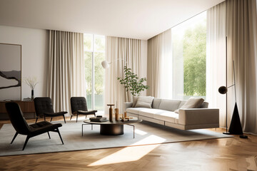 Fototapeta na wymiar Minimalist living room with clean lines, neutral colors, and iconic Bauhaus furniture, Bauhaus style interior, Interior Design Generative AI
