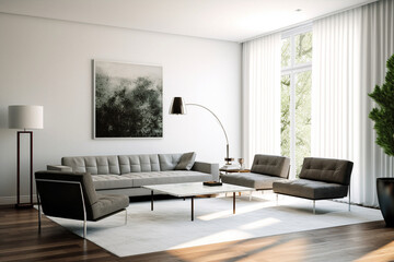 Minimalist living room with clean lines, neutral colors, and iconic Bauhaus furniture, Bauhaus style interior, Interior Design Generative AI