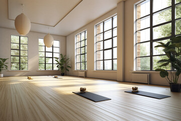 Yoga studio with a minimalist design, ample floor space, and large windows for natural light, Bauhaus style interior, Interior Design Generative AI