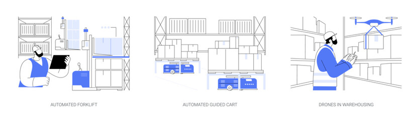 Automated vehicles in warehousing abstract concept vector illustrations.