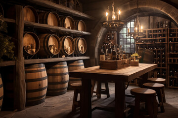 Wine cellar with rustic wooden racks, barrel tables, and dim lighting, Rustic style interior, Interior Design Generative AI