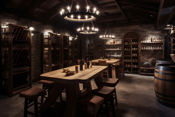 Fototapeta na wymiar Wine cellar with rustic wooden racks, barrel tables, and dim lighting, Rustic style interior, Interior Design Generative AI